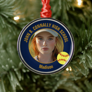 Navy Blue Gold Softball Player Photo Christmas Metal Tree Decoration