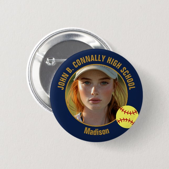 Navy Blue Gold Softball Player Photo High School 6 Cm Round Badge (Front & Back)