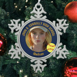 Navy Blue Gold Softball Player Photo High School Snowflake Pewter Christmas Ornament<br><div class="desc">This cool customized high school softball player photo gift features gold typography of your team and player name on a snowflake Christmas ornament with a ball on a navy blue background. Personalize with your student's photograph and class year as a proud sports parent.</div>