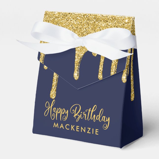 Navy Blue Gold Sparkle Glitter Drips Birthday Favour Box (Front Side)
