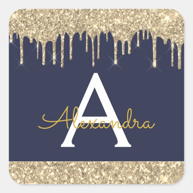Navy Blue Gold Sparkle Glitter Monogram Square Sticker (Front)