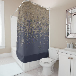 Navy Blue Gold Sparkly Glitter Ombre Shower Curtain