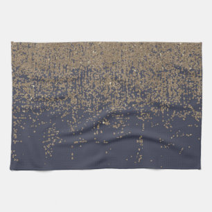 Navy Blue Gold Sparkly Glitter Ombre Tea Towel