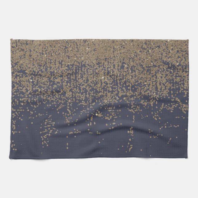 Navy Blue Gold Sparkly Glitter Ombre Tea Towel (Horizontal)