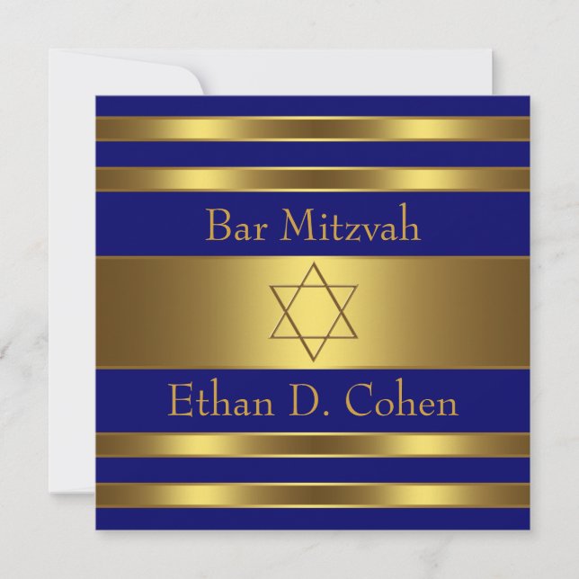 Navy Blue Gold Star of David Bar Mitzvah Invitation (Front)