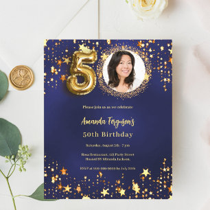 Navy blue gold star photo 50th birthday invitation