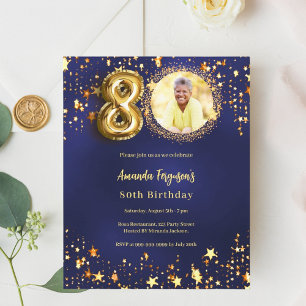 Navy blue gold star photo 80th birthday invitation