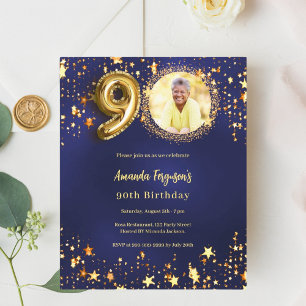 Navy blue gold star photo 90th birthday invitation