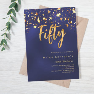 Navy blue gold stars 50th birthday invitation