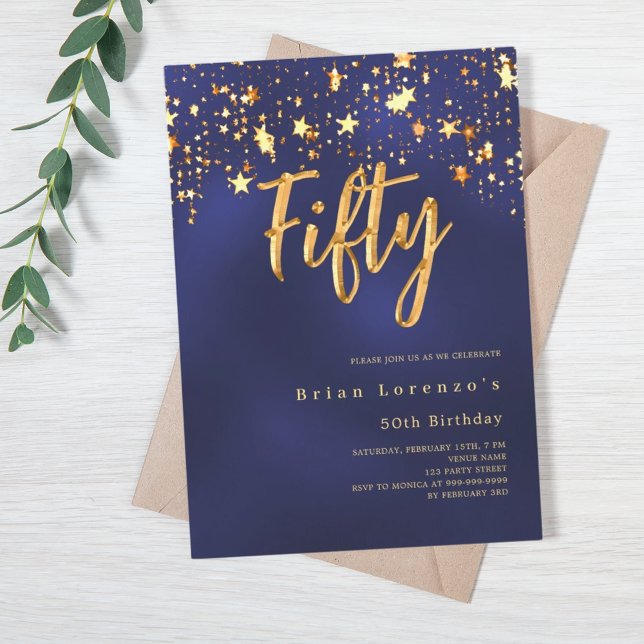 Navy blue gold stars 50th birthday luxury invitation (Creator Uploaded)