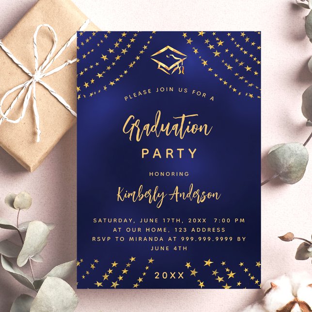 Navy blue gold stars graduation party modern year invitation postcard (Creator Uploaded)
