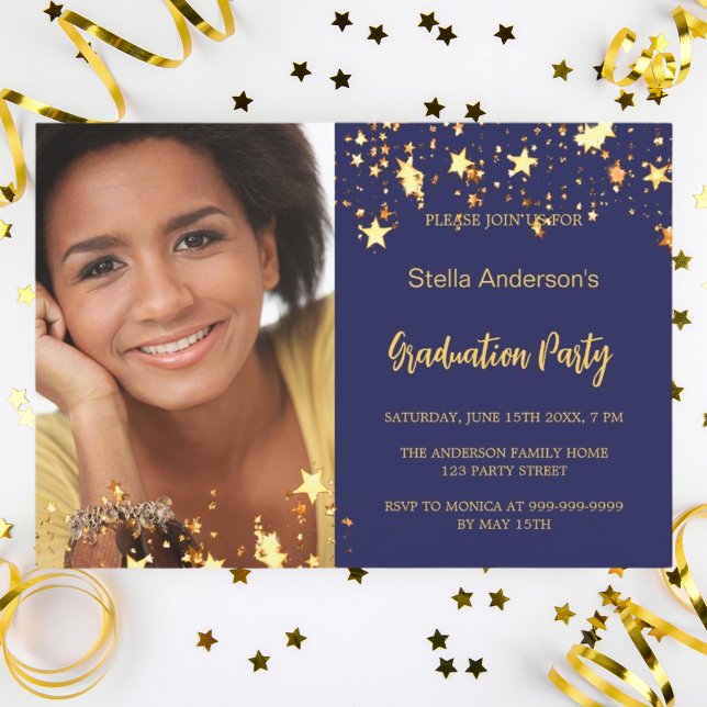 Navy blue gold stars photo graduation invitation (Creator Uploaded)