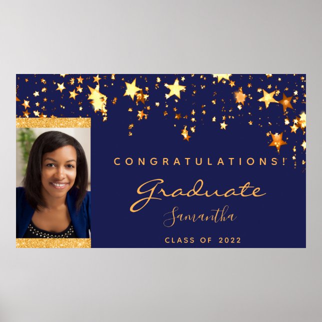 Navy blue gold stars photo Graduation Party 2025 Poster (Front)