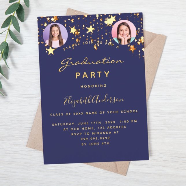 Navy blue gold stars photo graduation party luxury invitation (Creator Uploaded)