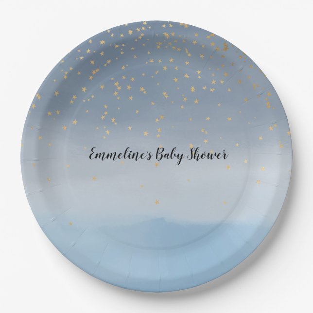 Navy Blue Gold Stars Sky Watercolor    Paper Plate (Front)