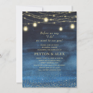 Navy Blue Gold String Light Before I Do Rehearsal  Invitation