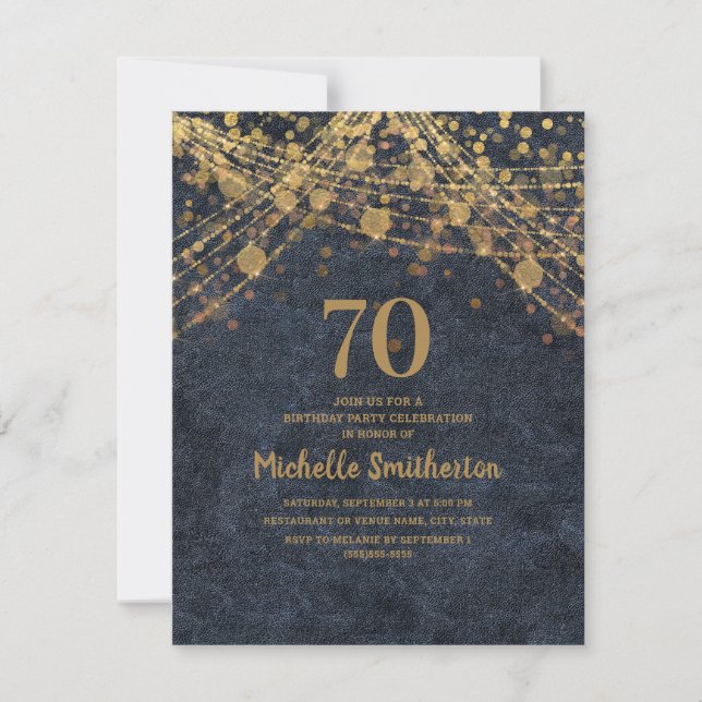 Navy Blue Gold String Lights 70th Birthday Invitation (Front)