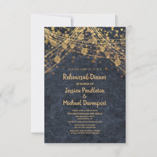 Navy Blue Gold String Lights Bokeh Rehearsal Invitation (Front)