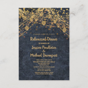 Navy Blue Gold String Lights Bokeh Rehearsal Invitation