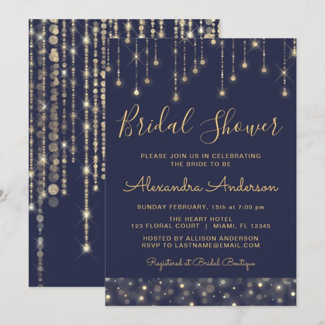 Navy Blue Gold String Lights Bridal Shower Invitation (Front/Back)