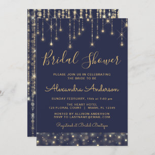 Navy Blue Gold String Lights Bridal Shower Invitation
