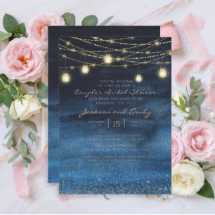 Navy Blue Gold String Lights Couple's Bridal Invitation