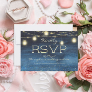 Navy Blue Gold String Lights Lanterns Wedding RSVP Invitation