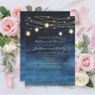 Navy Blue Gold String Lights Rehearsal Dinner Invitation