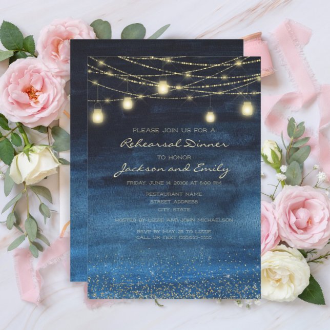 Navy Blue Gold String Lights Rehearsal Dinner Invitation (Navy blue and gold string lights rehearsal dinner invitation)