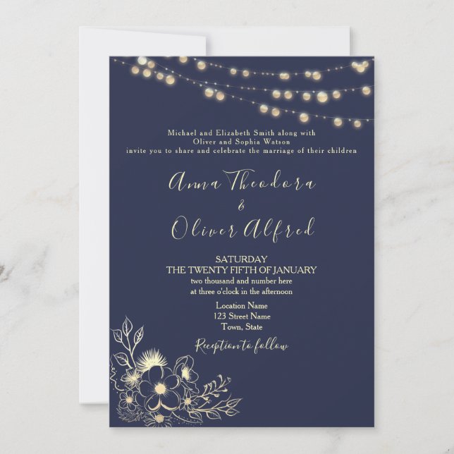 Navy Blue Gold String Lights Wedding Invitation (Front)
