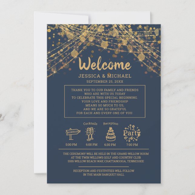 Navy Blue Gold String Lights Wedding Itinerary Invitation (Front)