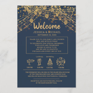 Navy Blue Gold String Lights Wedding Itinerary Invitation