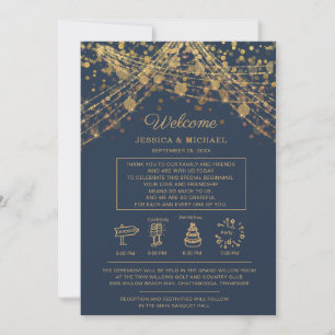 Navy Blue Gold String Lights Wedding Itinerary Invitation