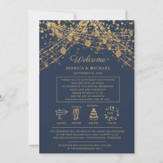 Navy Blue Gold String Lights Wedding Itinerary Invitation (Front)