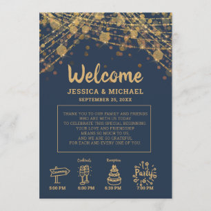 Navy Blue Gold String Lights Wedding Itinerary Invitation