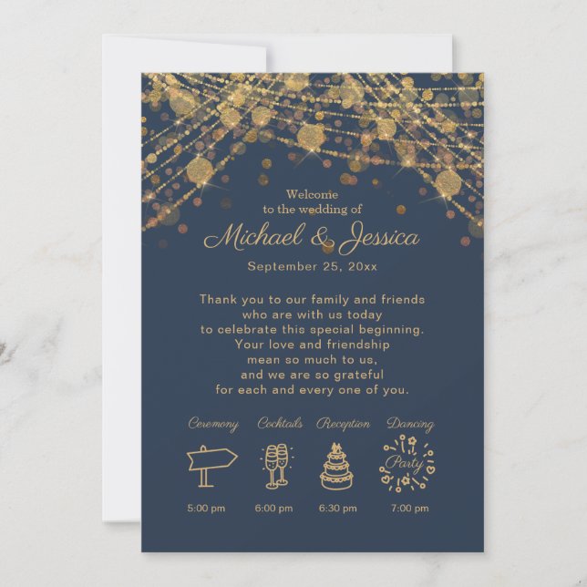 Navy Blue Gold String Lights Wedding Itinerary Invitation (Front)