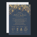 Navy Blue Gold String Lights Wedding Itinerary Invitation<br><div class="desc">Welcome your guests in style with this elegant wedding itinerary from the Rustic Glam Wedding Collection. Featuring gold string lights over a rich navy background, this day-of stationery blends rustic charm with modern sophistication. The upper section includes a warm thank-you message to your guests, while the lower portion outlines the...</div>