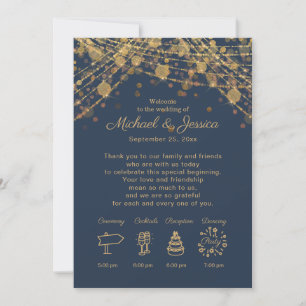 Navy Blue Gold String Lights Wedding Itinerary Invitation