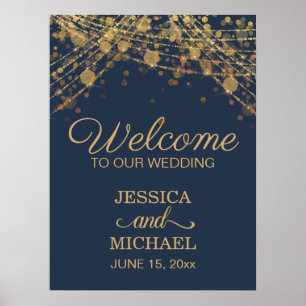 Navy Blue Gold String Lights Wedding Welcome Poster