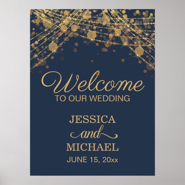 Navy Blue Gold String Lights Wedding Welcome Poster (Front)