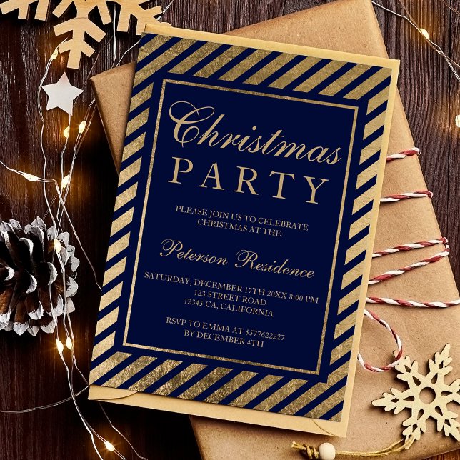 Navy blue gold stripes corporate chic Christmas Invitation (Navy blue gold stripes corporate chic Christmas Invitation)