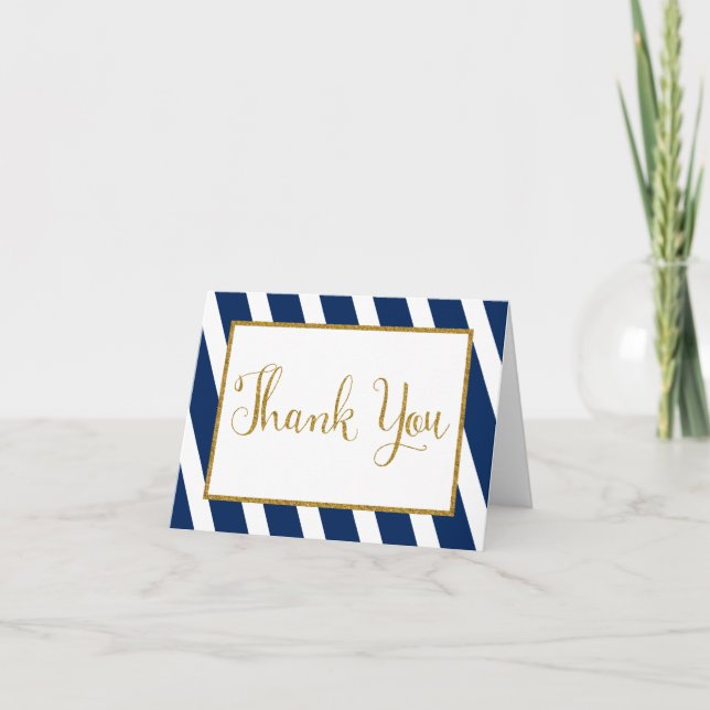 Navy Blue Gold Stripes Thank You Card (Front)