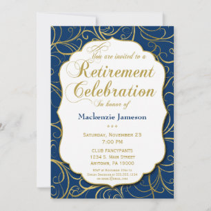 Navy Blue Gold Swirl Retirement Invitation