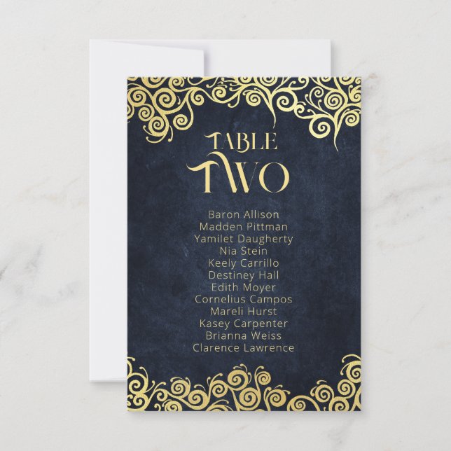 Navy Blue & Gold Swirls Seating Chart Table Number (Front)
