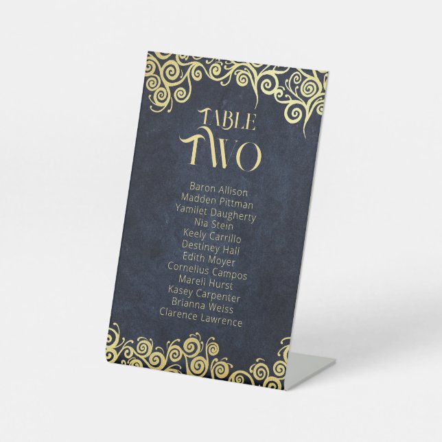 Navy Blue & Gold Swirls Seating Chart Table Number Pedestal Sign (Front)