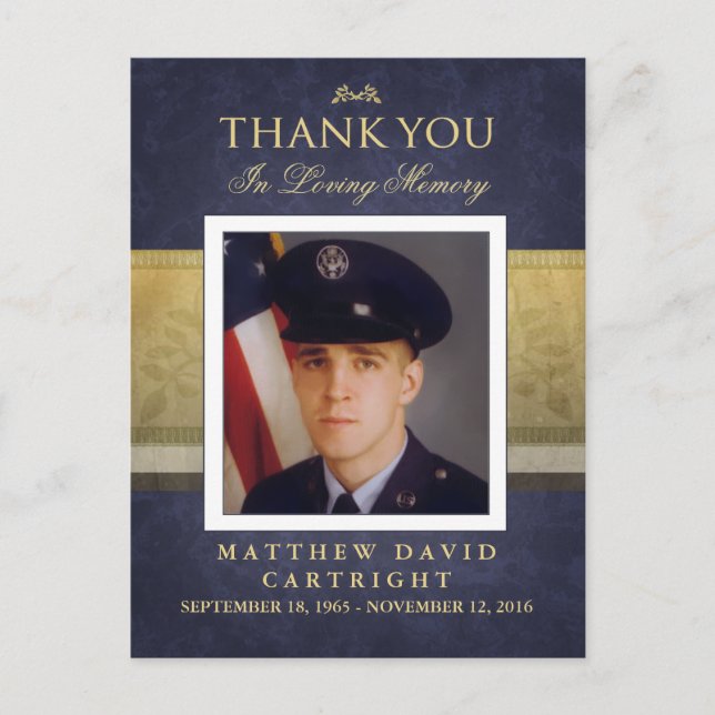 Navy Blue & Gold Sympathy Thank You Photo PostCard (Front)