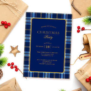 Navy Blue Gold Tartan Christmas Party Invitation