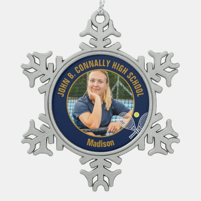 Navy Blue Gold Tennis Player Photo High School Snowflake Pewter Christmas Ornament (Front)