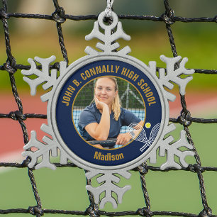 Navy Blue Gold Tennis Player Photo High School Snowflake Pewter Christmas Ornament