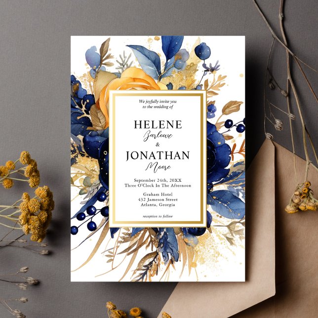 Navy Blue Gold Terracotta Floral Elegant Wedding Invitation (Navy Blue Gold Terracotta Floral Elegant Wedding Invitation)